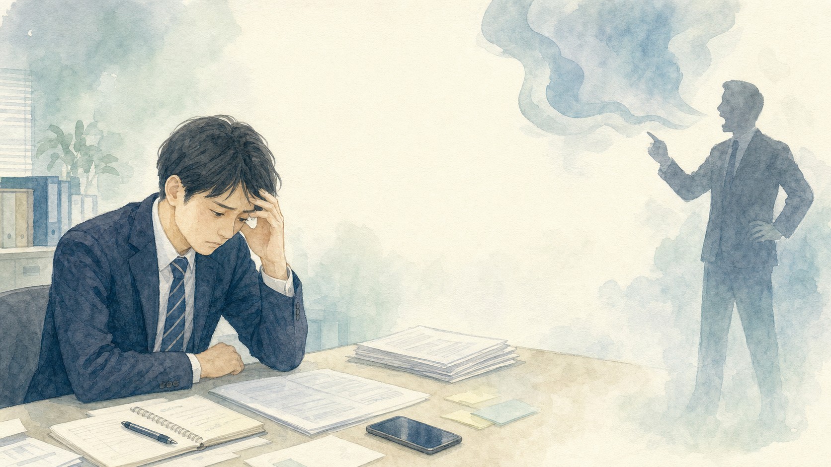 上司からの暴言や叱責に悩み、精神障害の労災について考える会社員のイメージ