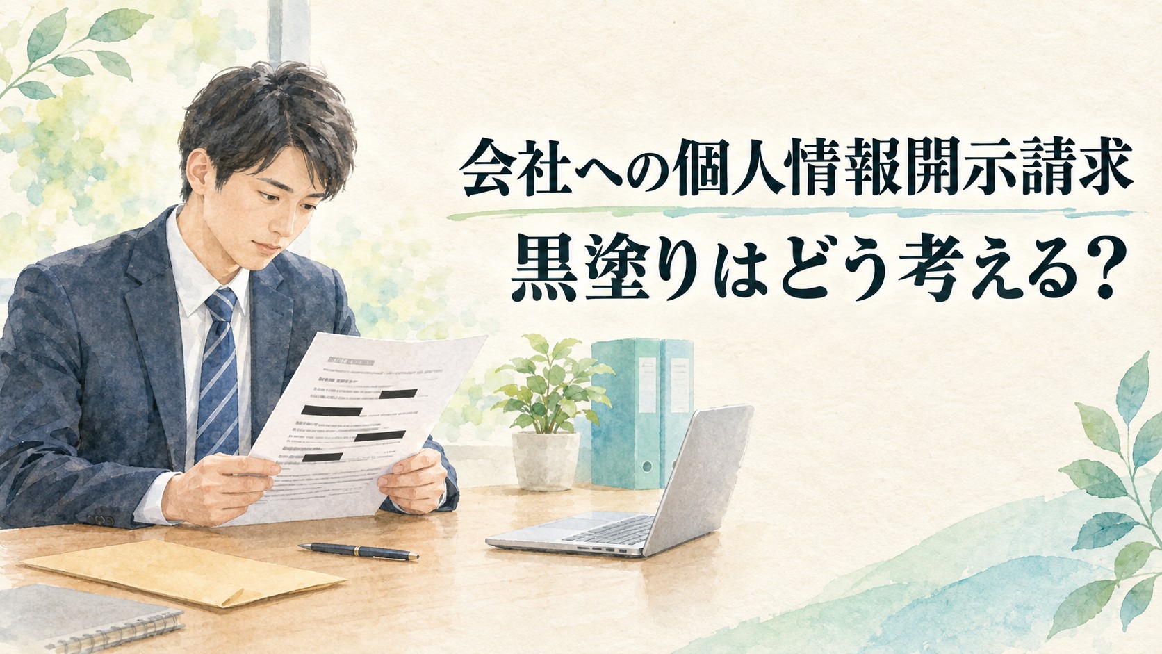 会社への個人情報開示請求で黒塗りされた資料を確認する会社員