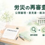 労災の再審査請求について、公開審理・意見書・裁決までの流れを示した水彩風イメージイラスト