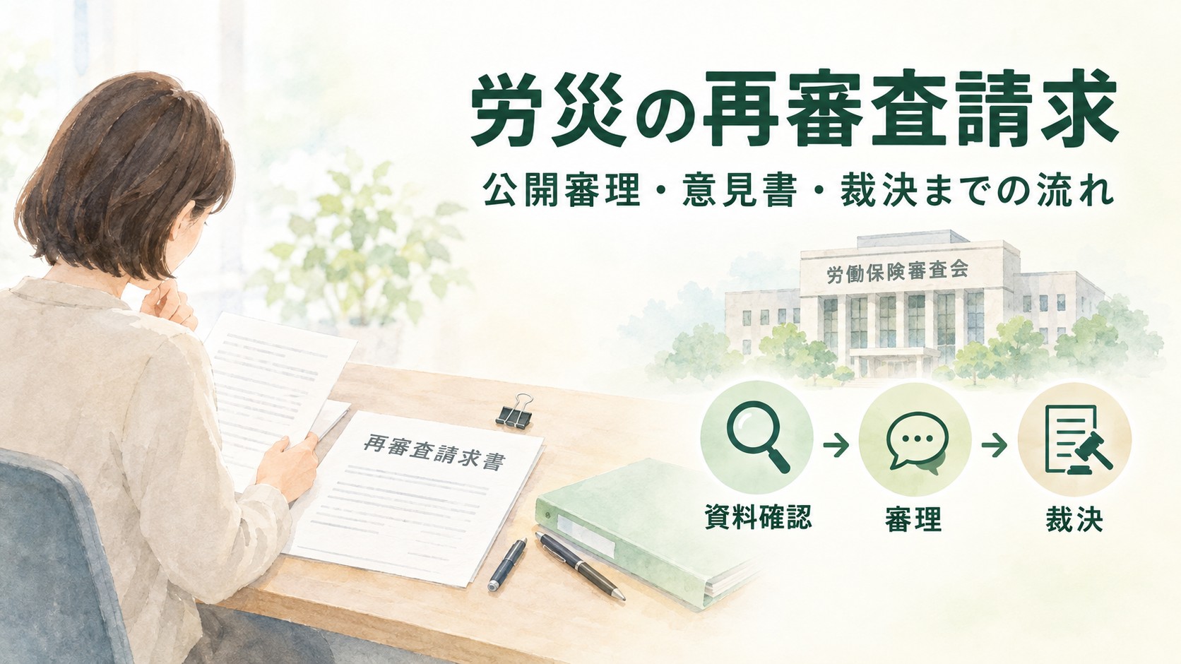労災の再審査請求について、公開審理・意見書・裁決までの流れを示した水彩風イメージイラスト