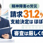 精神障害の労災請求が31.2％急増し、支給決定がほぼ横ばいで審査が厳しくなったのかを検証する図