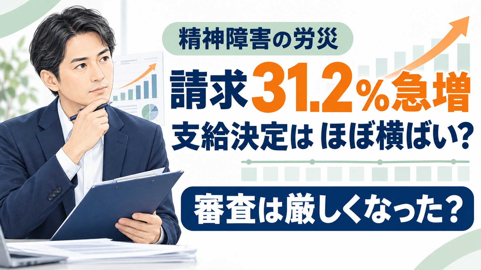 精神障害の労災請求が31.2％急増し、支給決定がほぼ横ばいで審査が厳しくなったのかを検証する図