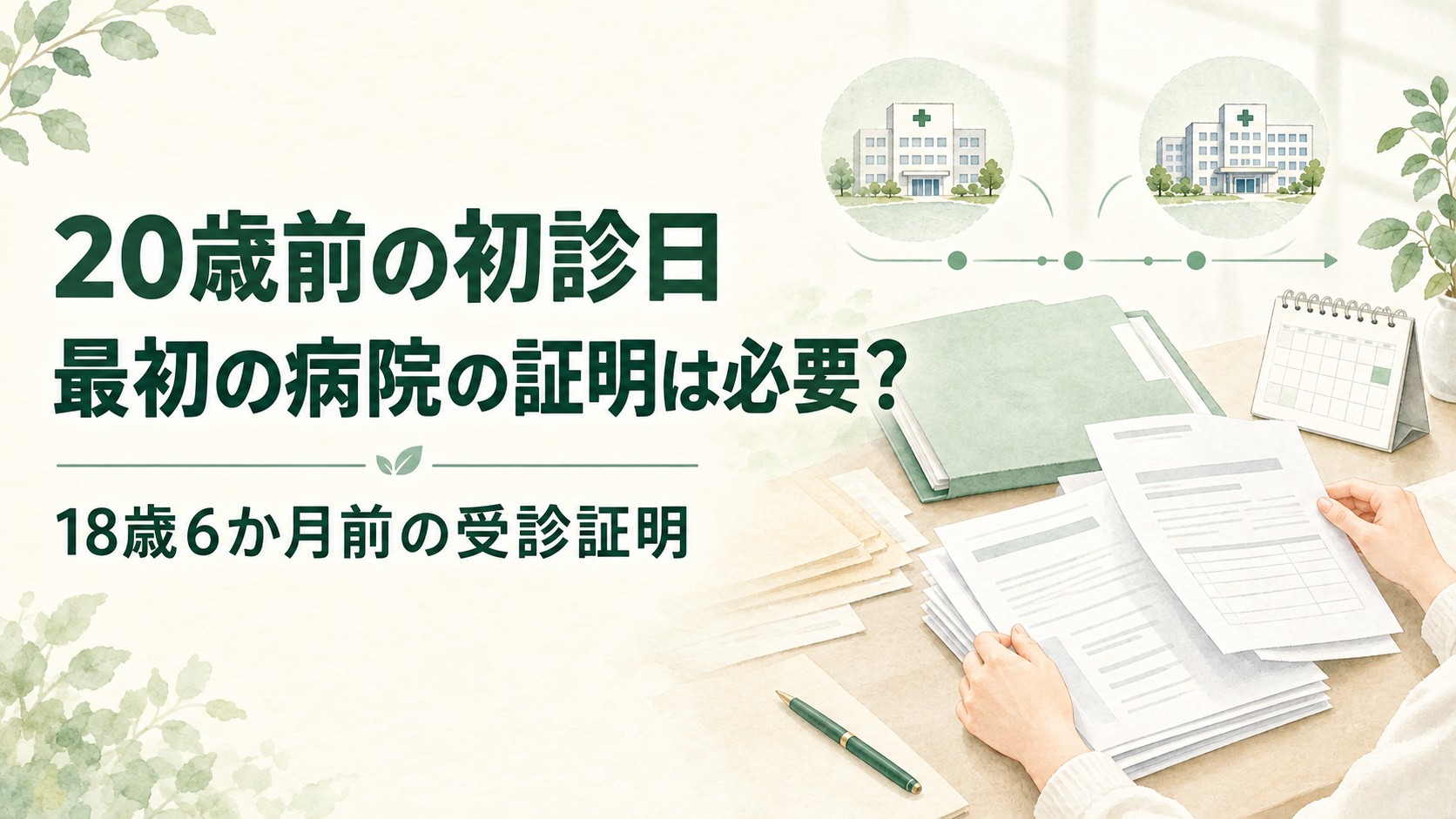 20歳前の初診日証明と18歳6か月前の受診特例を解説する、2つの病院と診断書類のイラスト