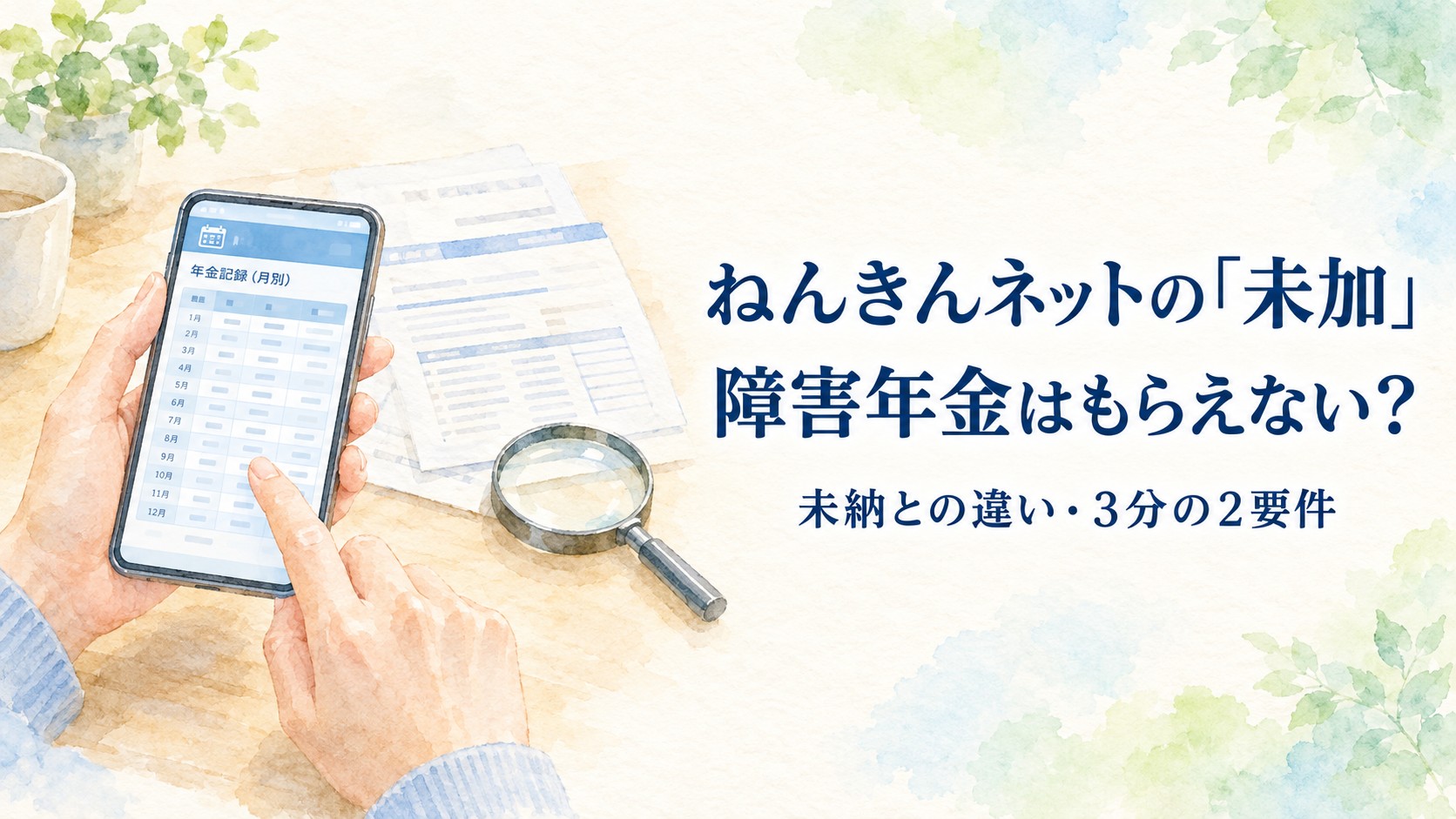 ねんきんネットの「未加」と障害年金の未納・3分の2要件を解説するイメージ