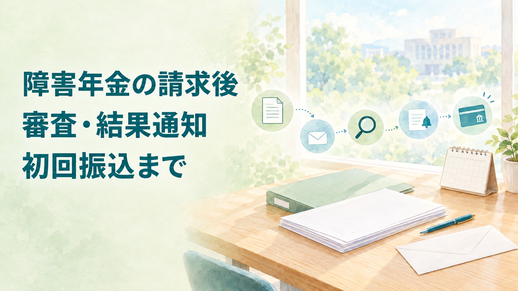 障害年金の請求後の審査・結果通知・初回振込までの流れを示すイラスト