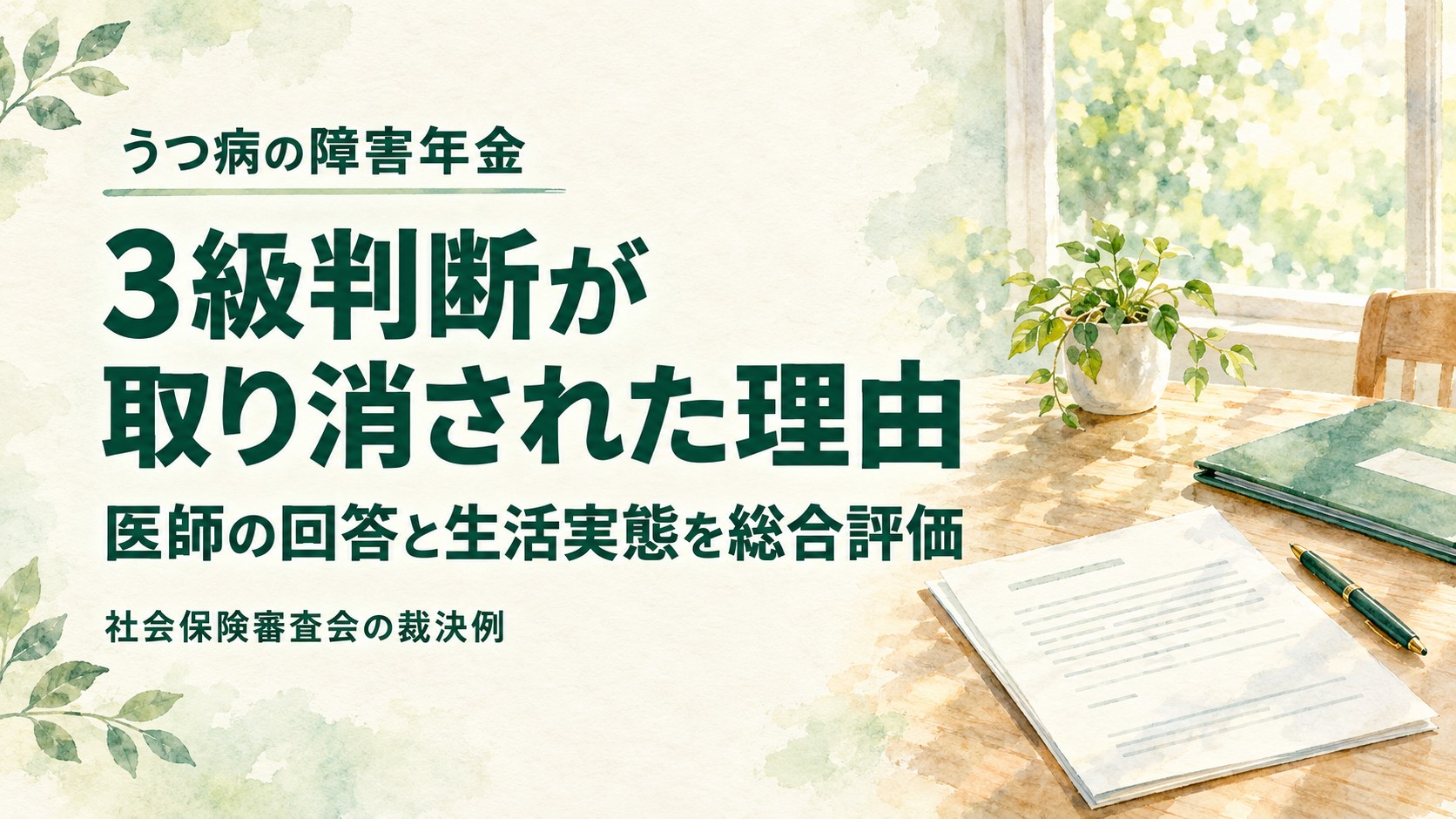 うつ病の障害年金3級判断が取り消された理由|医師の回答と生活実態を総合評価した社会保険審査会の裁決例